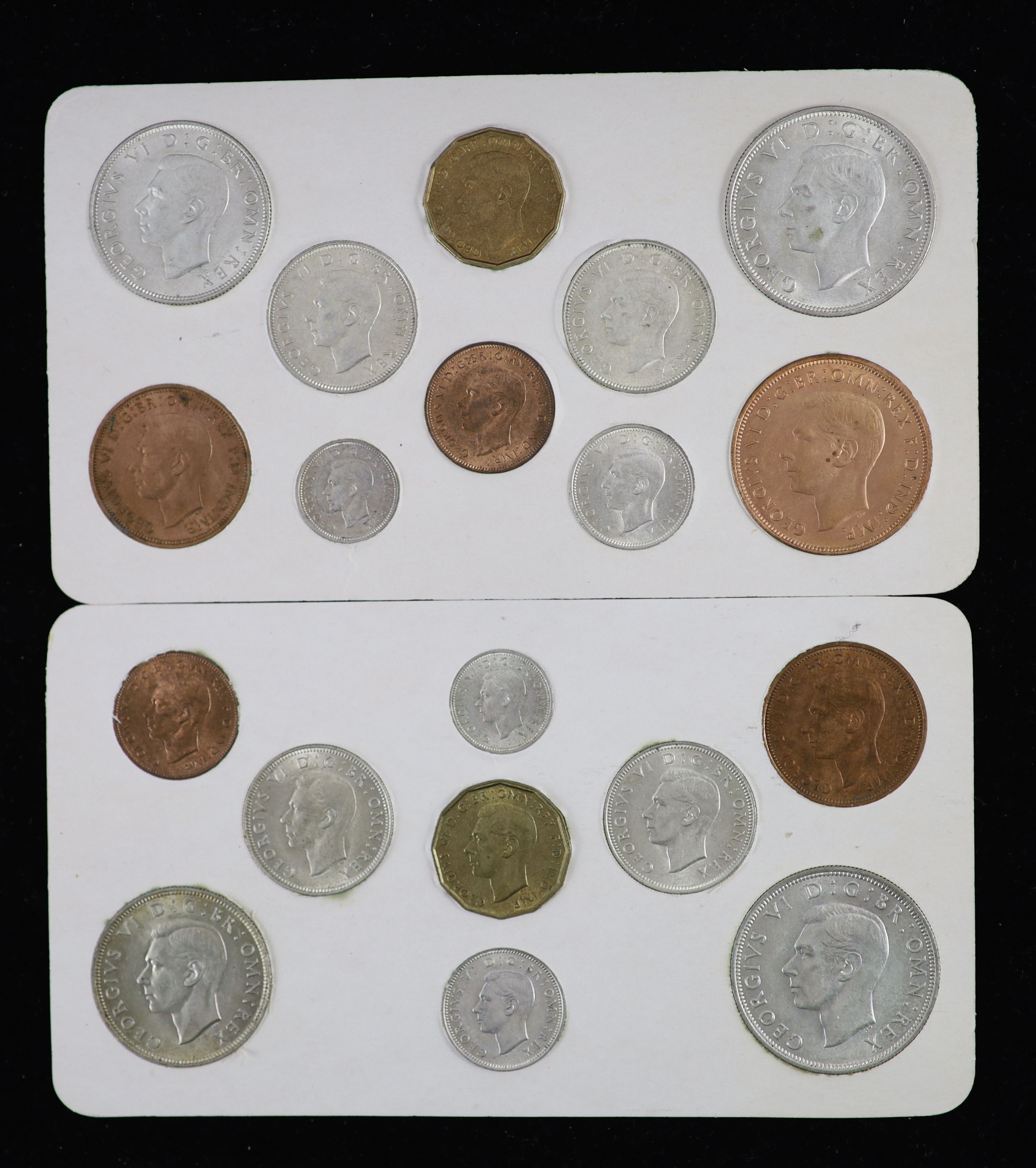 George VI specimen coin sets for 1938, 1939, 1940, 1941, 1942 and 1943, first coinage, the majority about EF or better